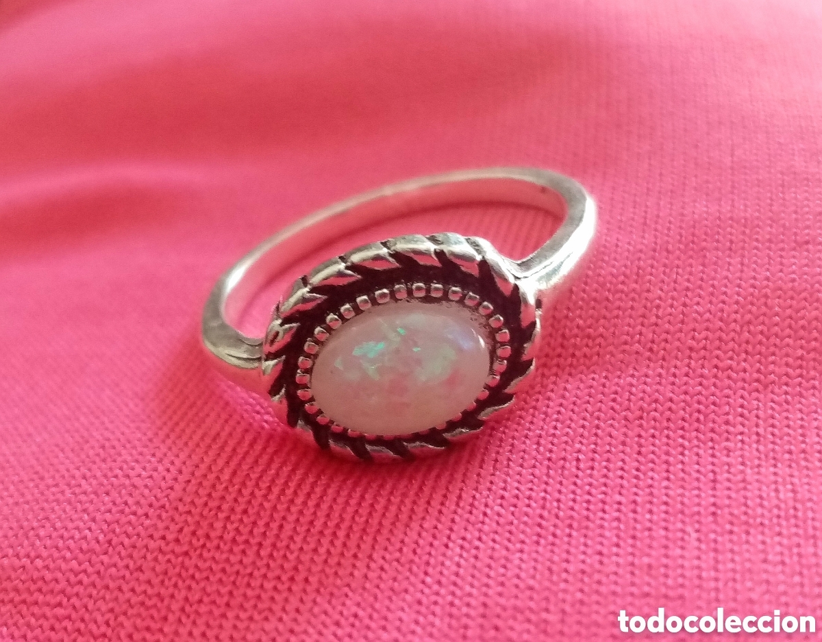 Schmuck: Original anillo color plata vieja con piedra lunar &oacute;palo de fuego blanco 18mm di&aacute;m. Muy bonito
