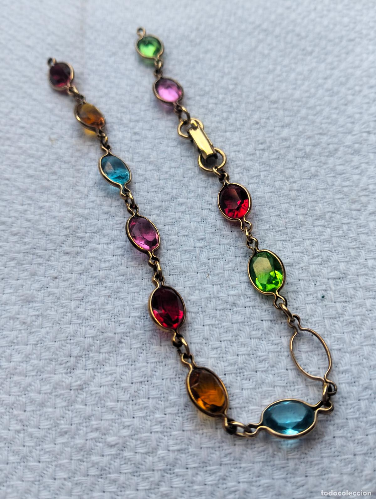 Schmuck: Pulsera vintage de metal color dorado con cristales cristalitos de colores ba&ntilde;ada laminada oro 14k