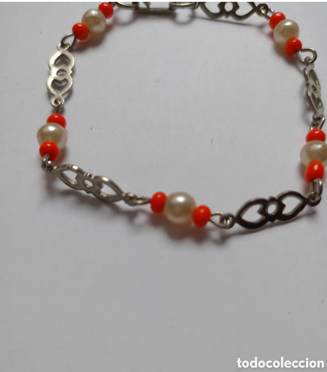 Jewelry: Antigua pulsera plateada con perla y canutillo color coral a&ntilde;os 80