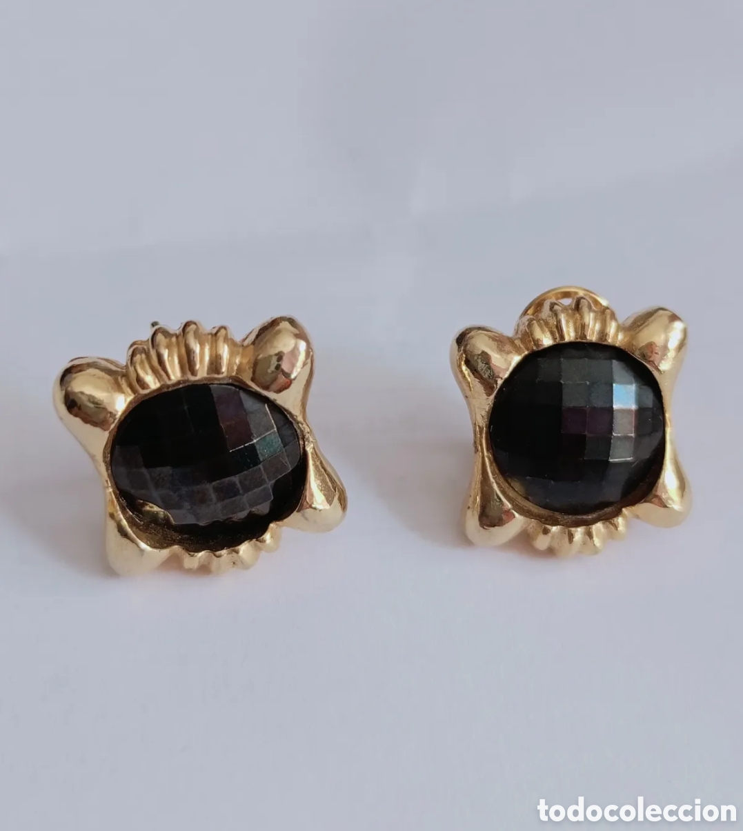 Gioielleria: Pendientes chapado oro cierre omega y chat&oacute;n facetado negro vintage a&ntilde;os 80