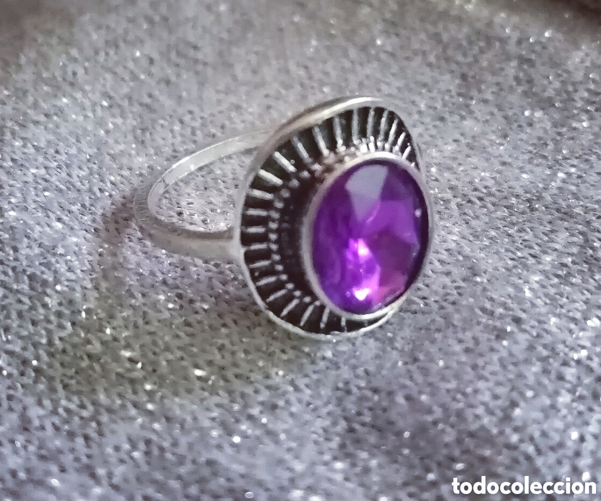 Schmuck: Original anillo color plata vieja con piedra oval morada y filigrana 18,5mm di&aacute;mx1,6cm L. Muy bonito