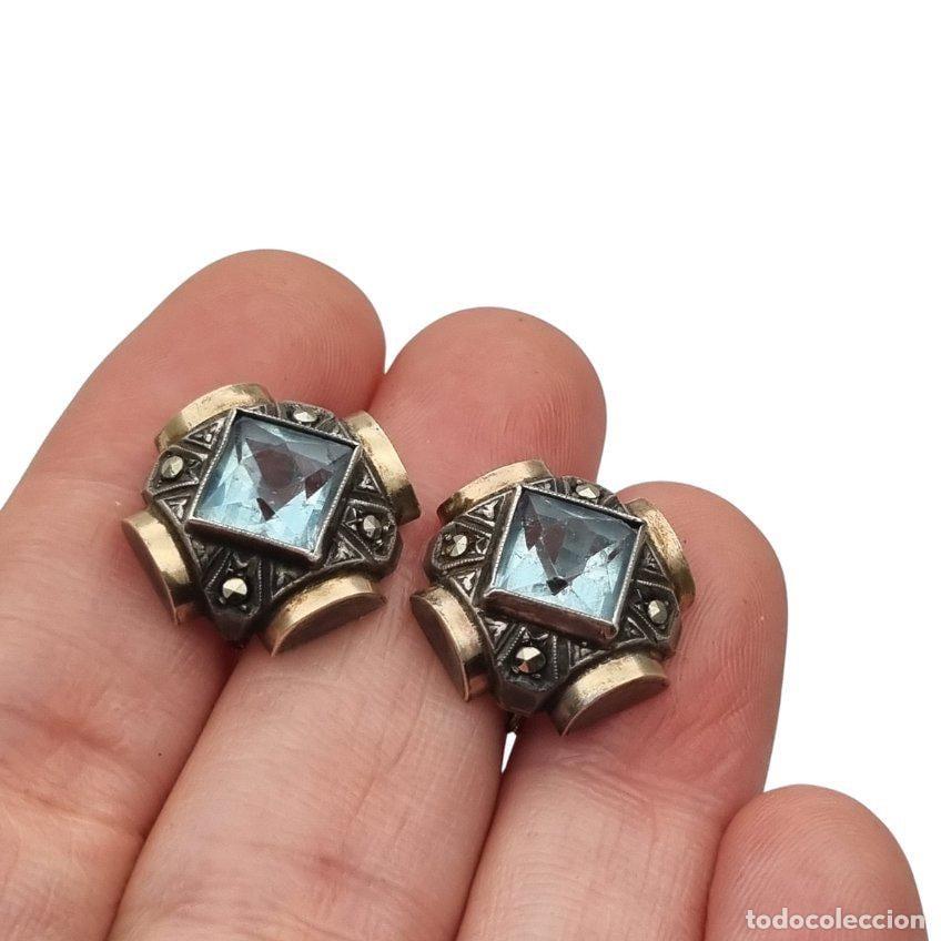 Joyeria: Pendientes Art D&eacute;co catalanes en plata con cristal azul, marcasitas y vistas doradas, Espa&ntilde;a, ca. 19