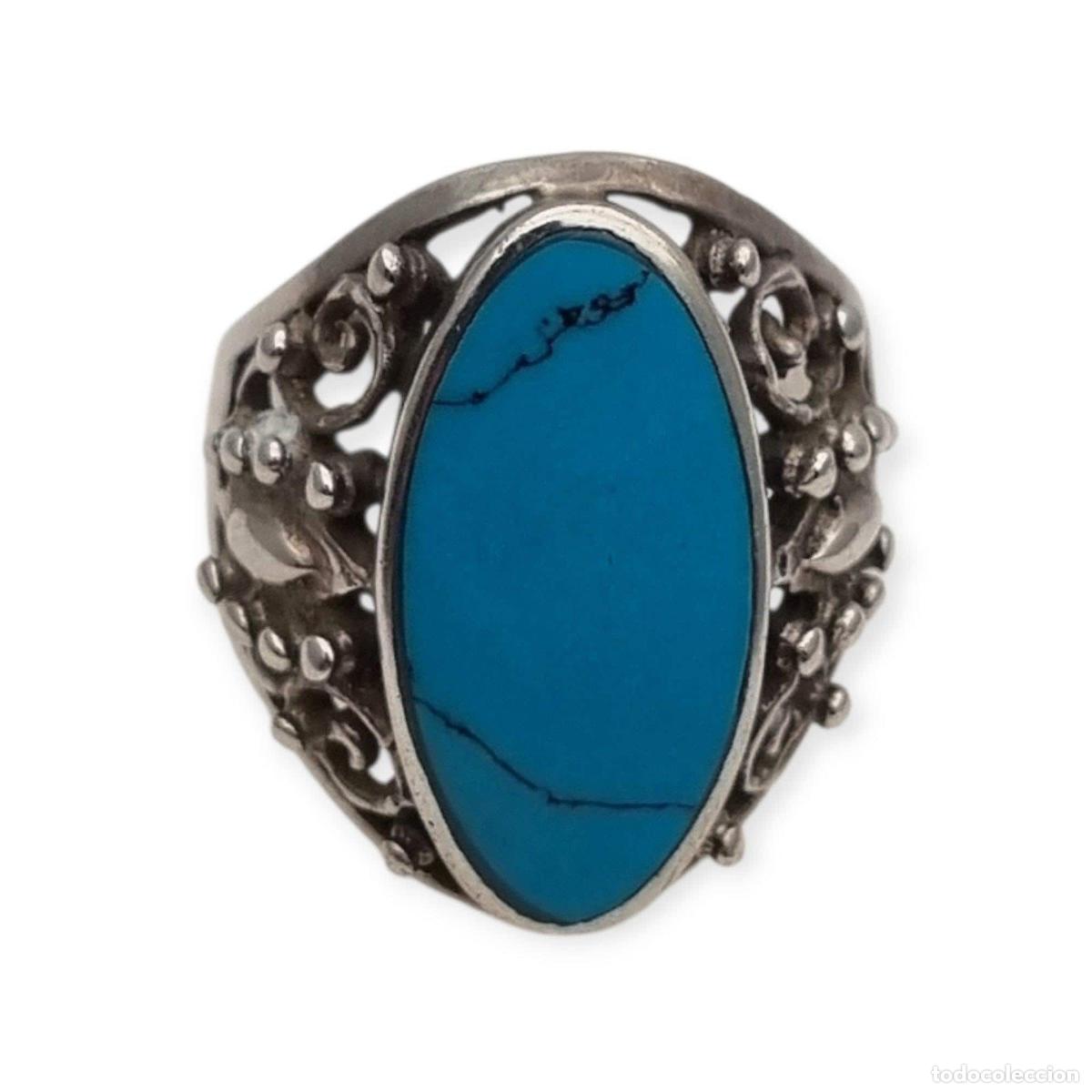Joyeria: Anillo boho vintage de plata 925 con gran piedra azul, dise&ntilde;o floral calado, Circa 1980