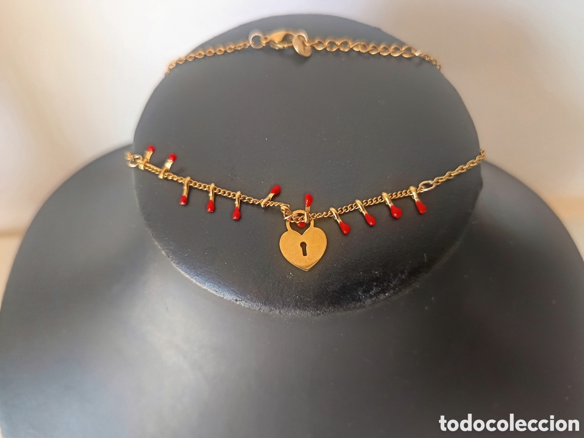 Joyeria: Tobillera coraz&oacute;n chapada en oro y s&iacute;mil coral rojo