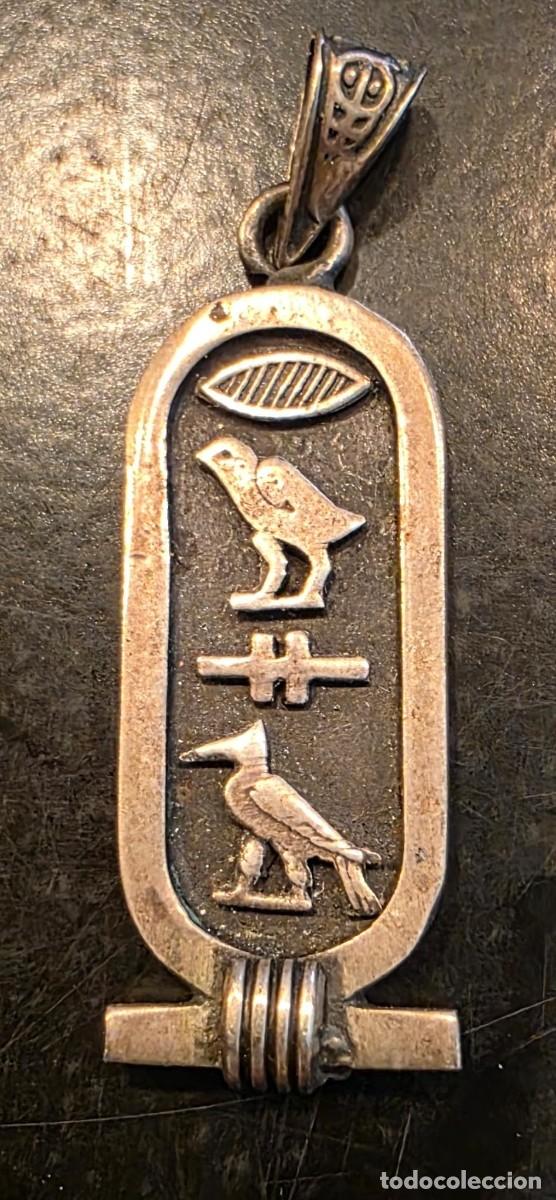 Joyeria: Colgante egipcio vintage reversible en plata de ley &ndash; cartucho con jerogl&iacute;ficos y Ankh &ndash; 4 cm