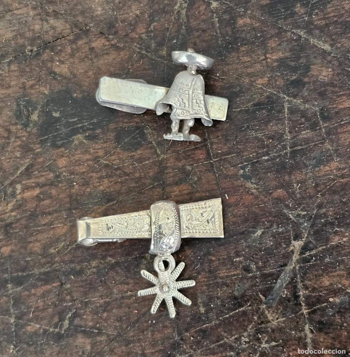 Jewelry: Dos pinzas o alfileres costumbristas de corbata, M&eacute;jico, Charro, alpaca y plata 925, vintage