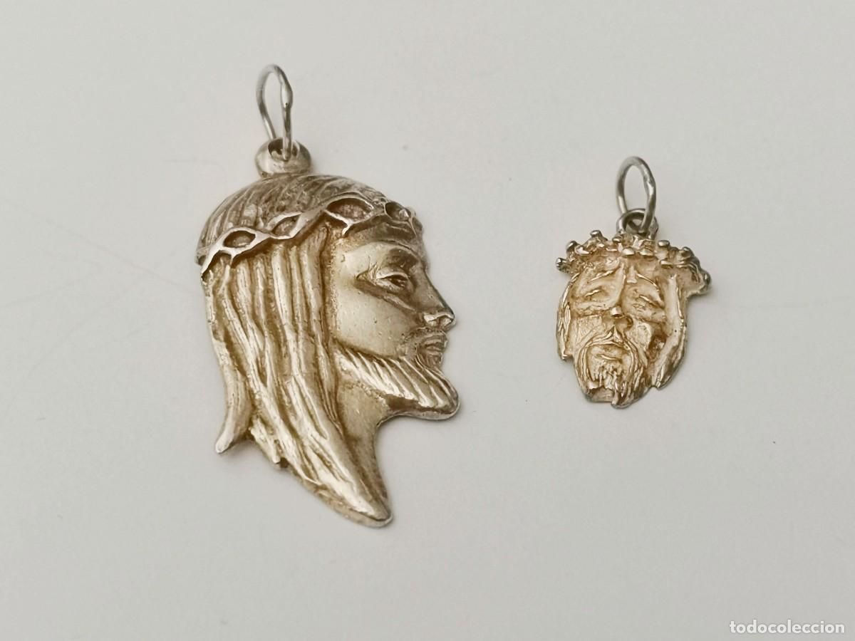 Joyeria: Lote 2 Medallas Colgantes Vintage en Plata de Ley - Rostro de Cristo con Corona de Espinas (5,43 g)