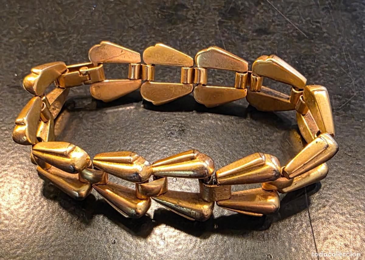 Joyeria: Pulsera vintage Art D&eacute;co en metal dorado &ndash; eslabones geom&eacute;tricos articulados &ndash; 18 cm