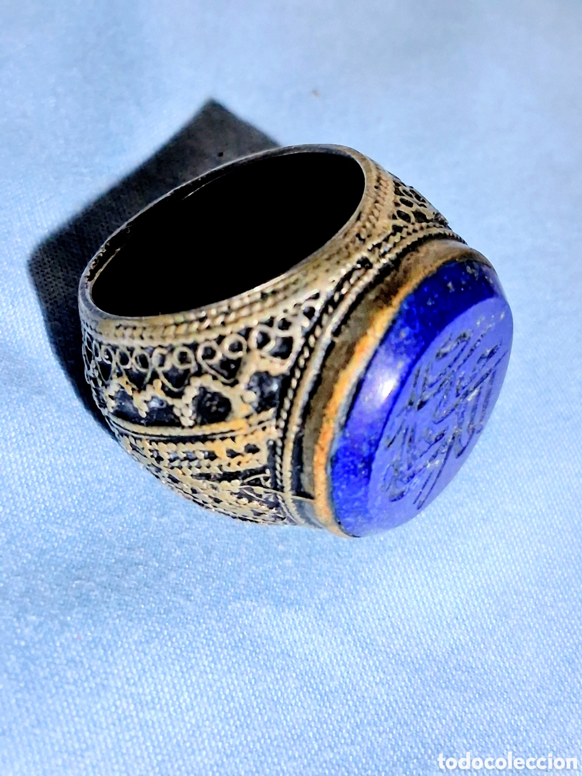Joyeria: Antiguo anillo sello &eacute;tnico oriental con gema de Lapisl&aacute;zuli natural grabada - Talla 17. &iexcl;Con huella