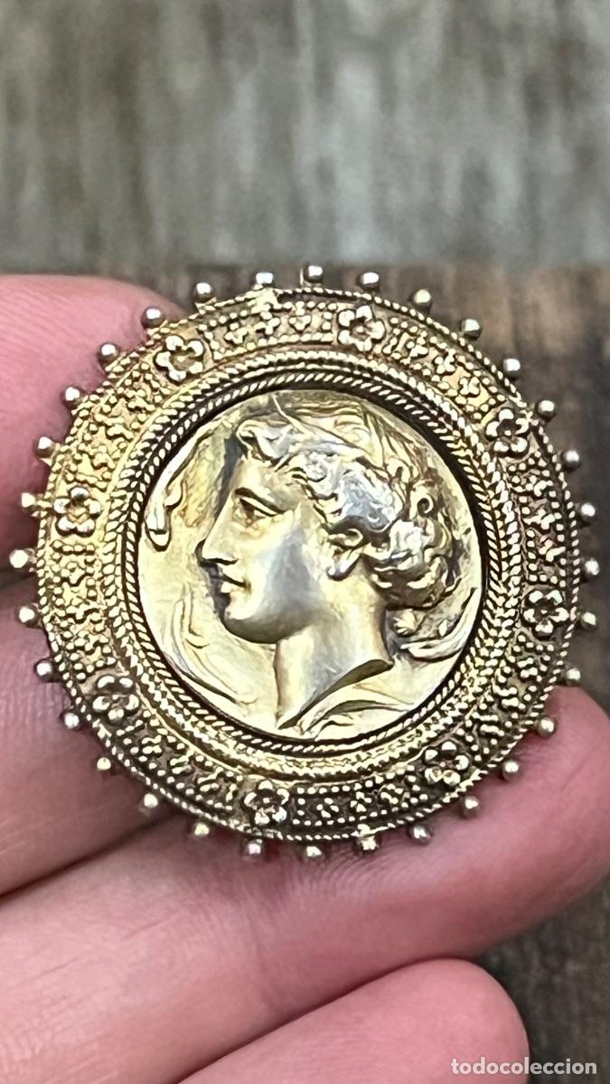 Joyeria: Medall&oacute;n pivotante broche gran tour plata dorada neo etrusco decadracma siracusa arethusa 4cms