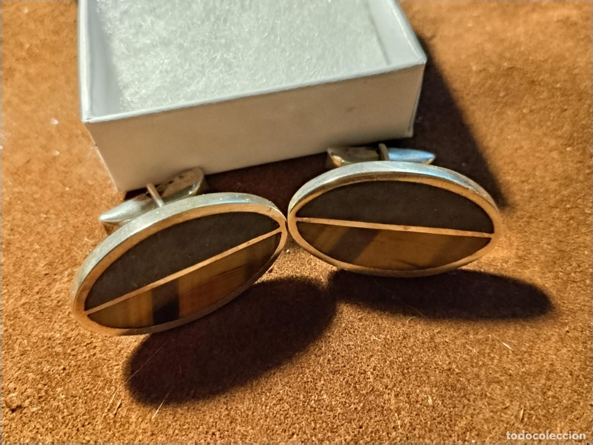 Joyeria: Gemelos vintage de plata y ojo de tigre natural