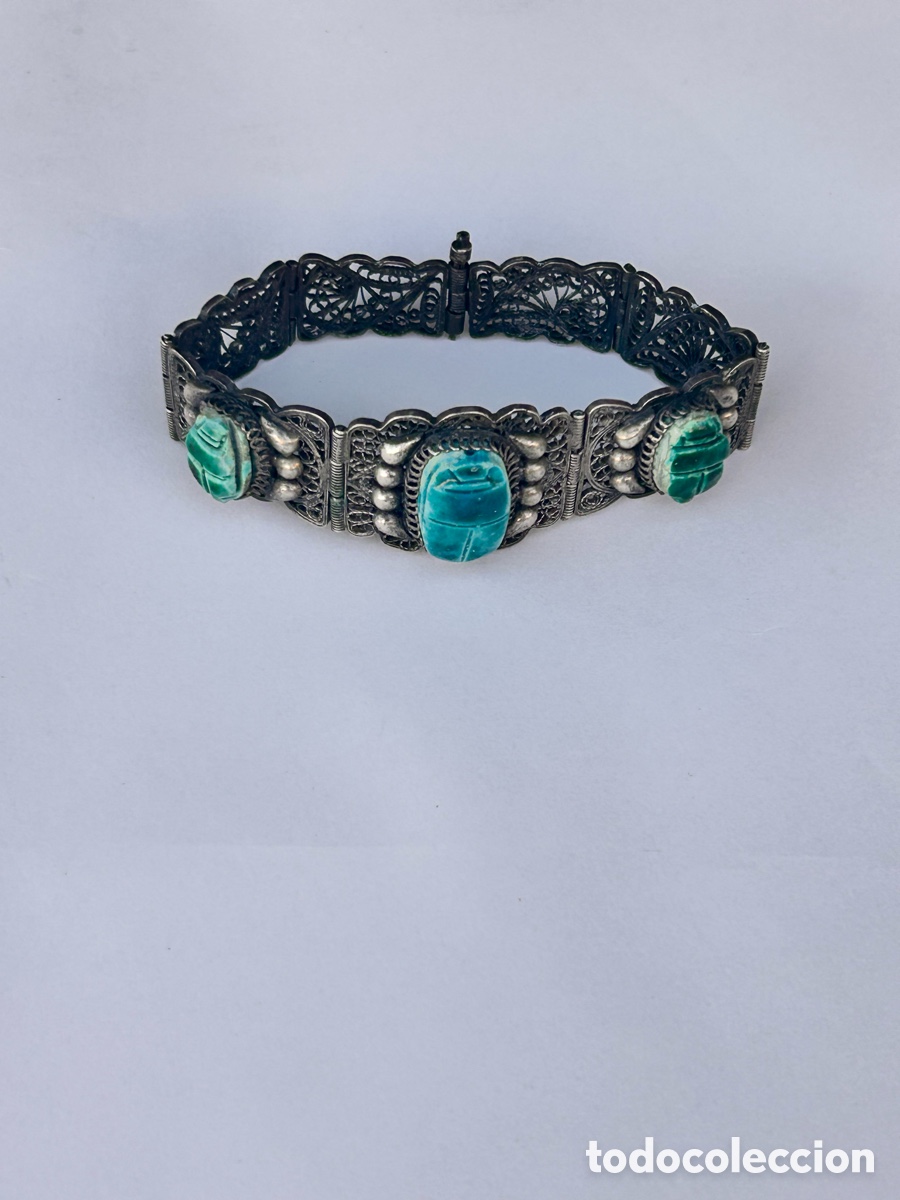 Joyeria: Pulsera vintage de plata egipcia con filigrana y escarabajos de fayenza