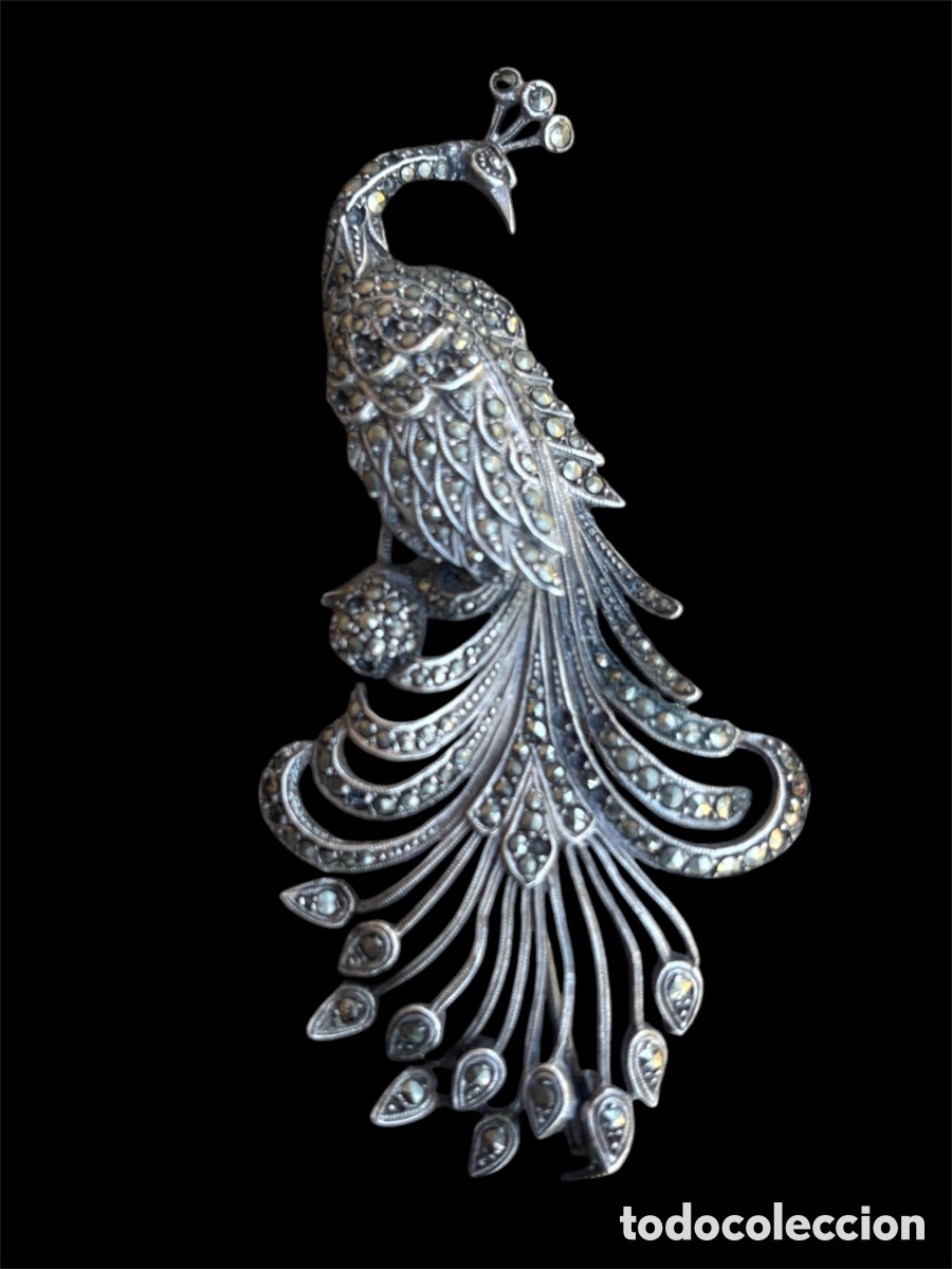 Joyeria: ANTIGUO GRAN BROCHE PAVO REAL. PLATA 835 Y MARCASITAS. CENTROEUROPA. CIERRE TROMB&Oacute;N. 8X4 CM