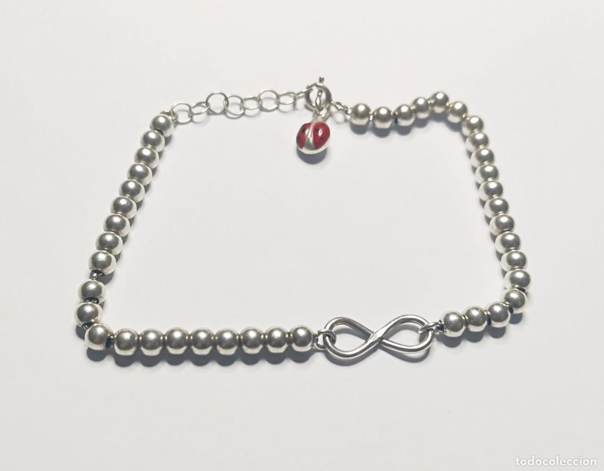 Joyeria: Pulsera de Plata de Ley (925) con Cuentas Esf&eacute;ricas, S&iacute;mbolo Infinito y Colgante Mariquita Esmaltada