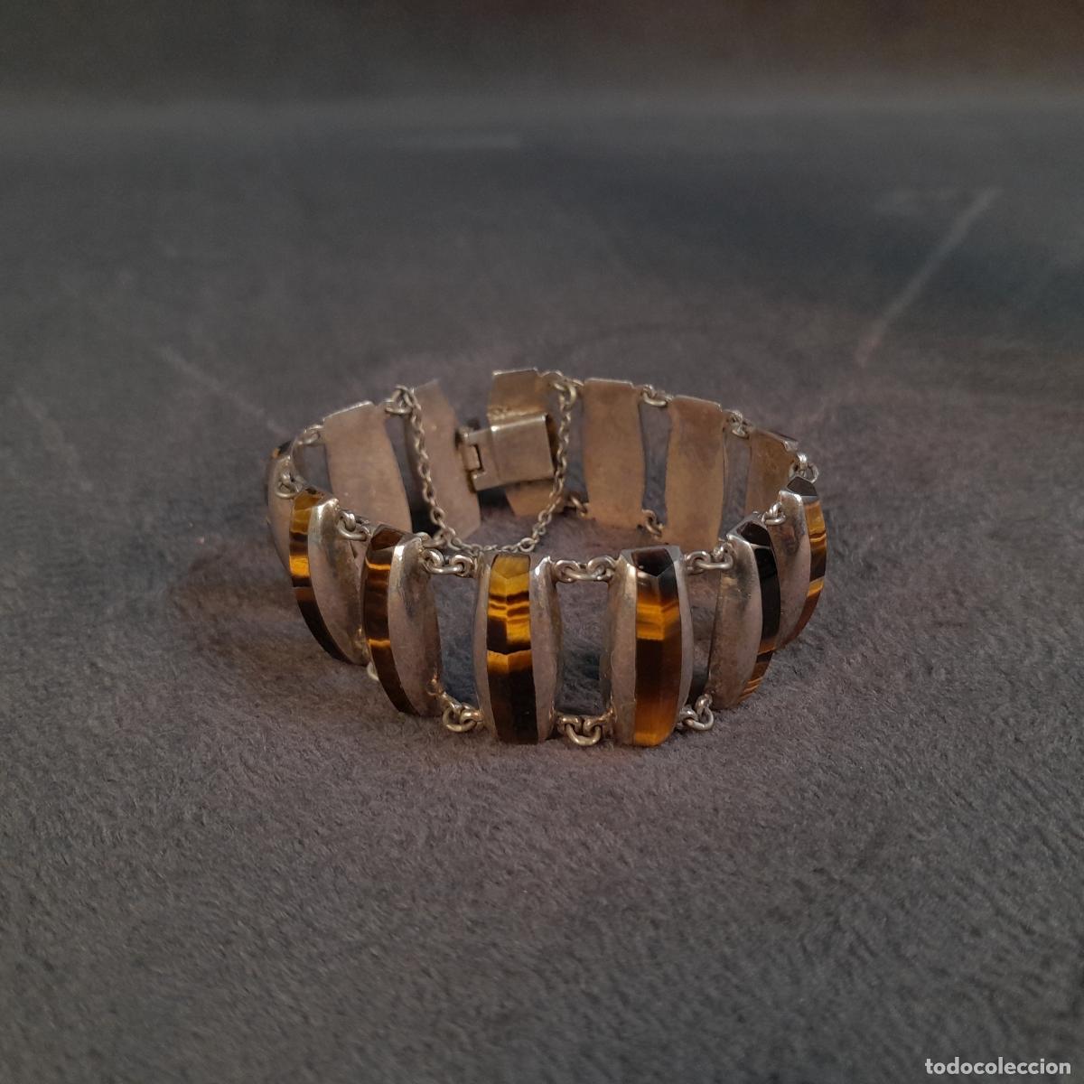 Joyeria: J-4575. PULSERA DE PLATA Y PIEDRA OJO DE TIGRE. M&Eacute;XICO. A&Ntilde;OS 50