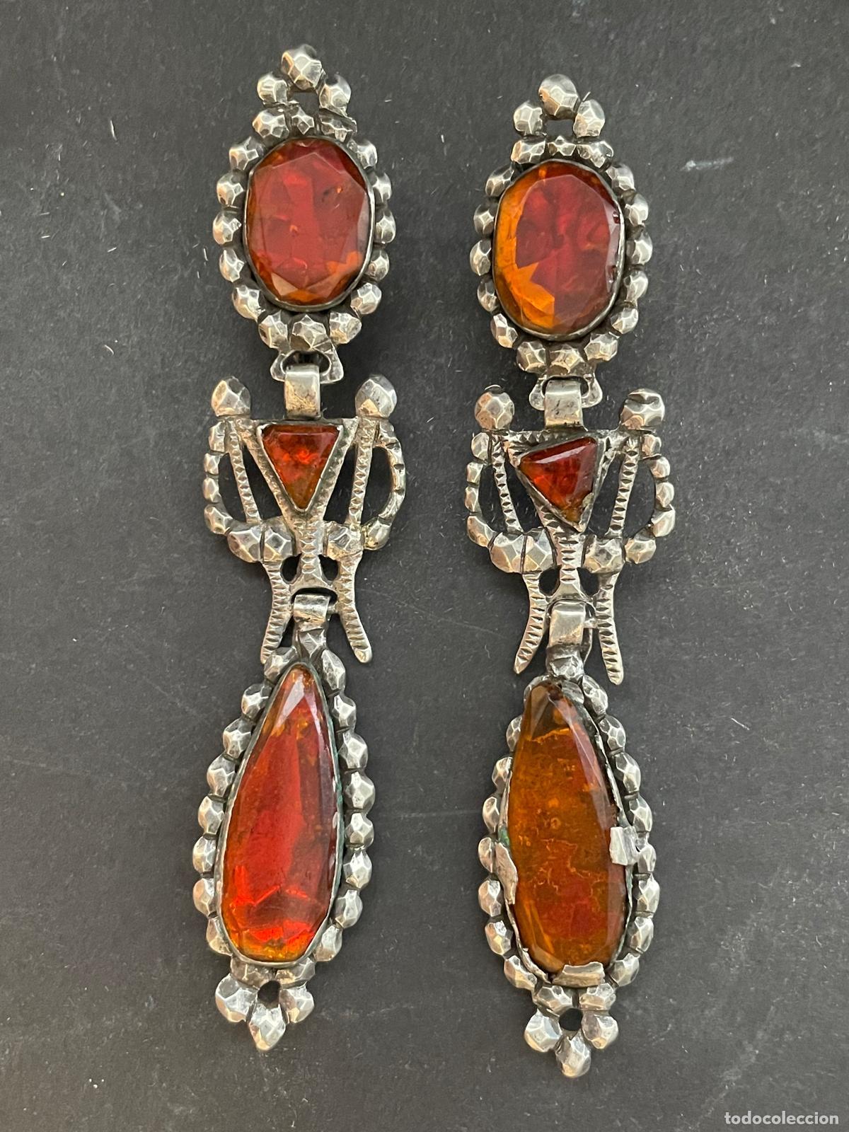 Joaillerie: PRECIOSOS ANTIGUOS PENDIENTES COLGANTES - VINTAGE DE PLATA CON &Aacute;MBAR
