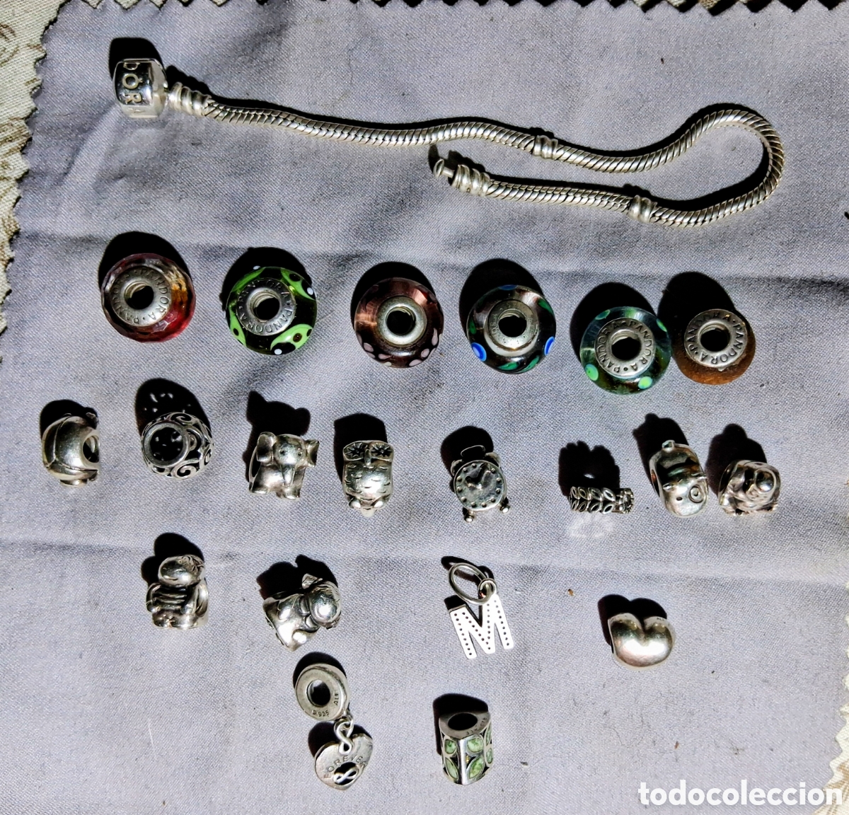 Joyeria: COMPLETA: Gran Pulsera Original PANDORA Plata 925 Talla 19 + 21 Charms Premium (Madera, 5 Muranos y