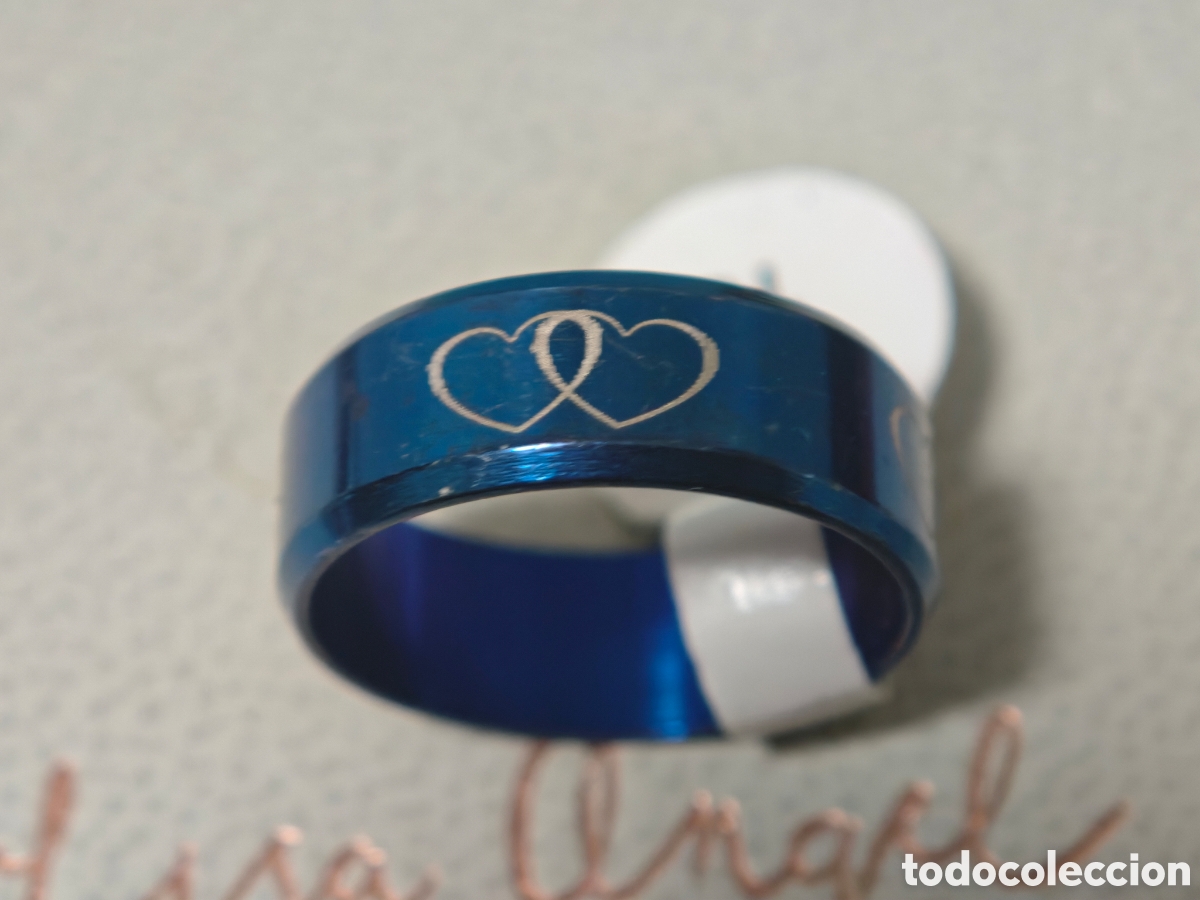 Joyeria: Anillo de acero inoxidable con esmalte azul corazones
