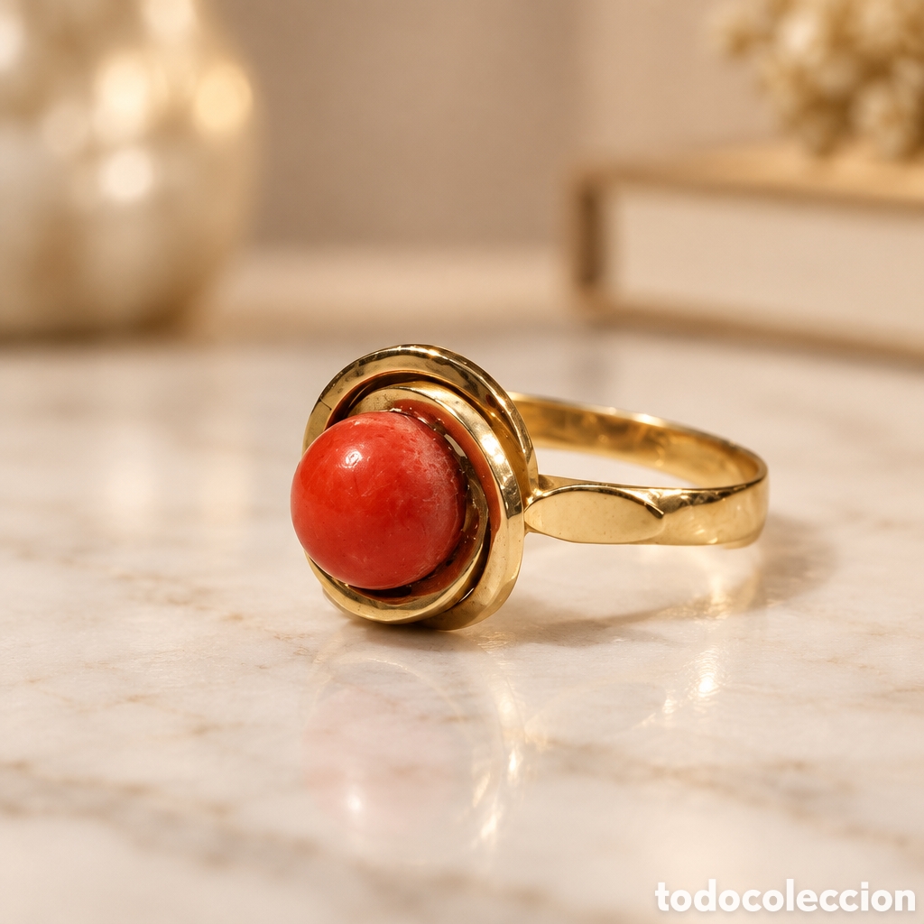 Joyeria: Elegante anillo antiguo elaborado en oro 18 quilates y coral natural