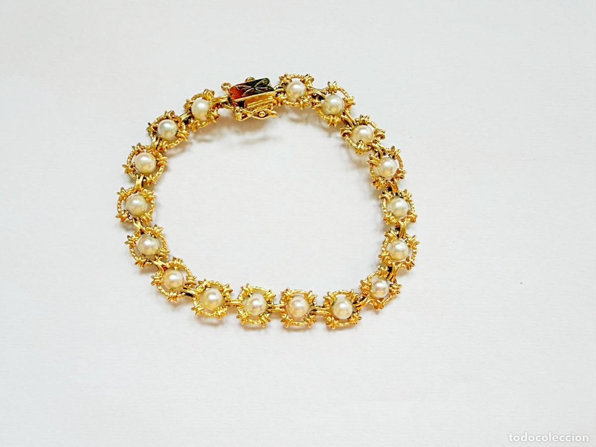 Joyeria: Pulsera de Oro Amarillo 18k (750) con Perlas Cultivadas en Eslabones Florales &ndash; 20,28 g