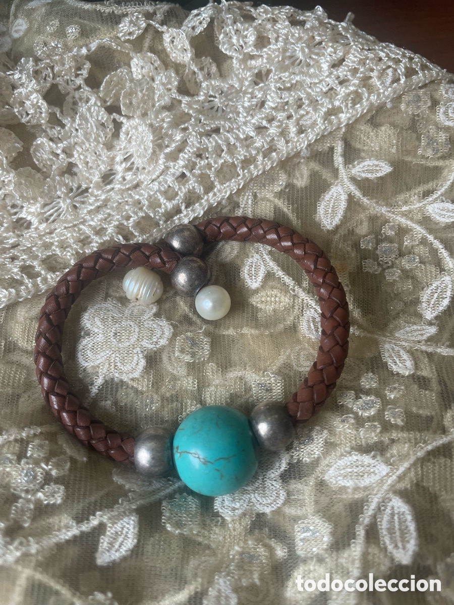 Joyeria: pulsera de turquesa y perlas trenzada de piel - Foto 2