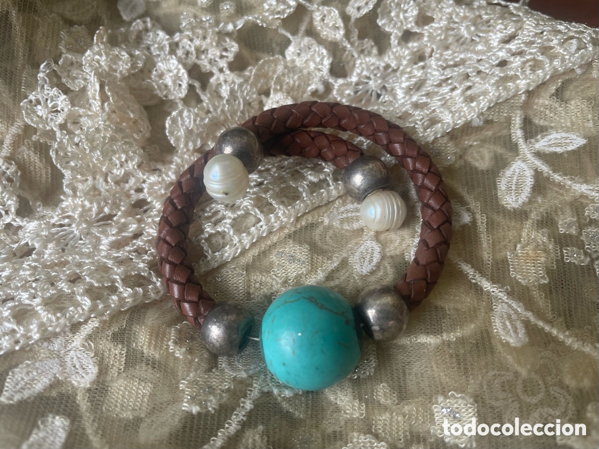 Joyeria: pulsera de turquesa y perlas trenzada de piel