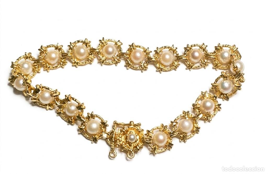Joaillerie: Pulsera de Oro Amarillo 18k (750) con Perlas Cultivadas en Eslabones Florales &ndash; 20,28 g
