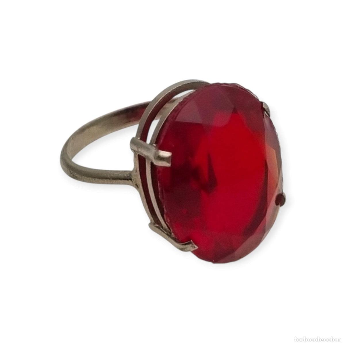 Joyeria: Anillo cocktail vintage a&ntilde;os 50 con cristal rojo facetado, estilo Art D&eacute;co, Espa&ntilde;a
