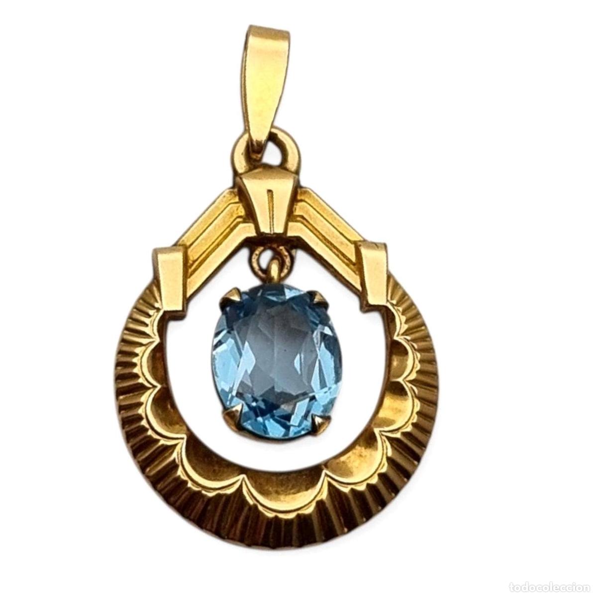Joyeria: Colgante franc&eacute;s FIX Art D&eacute;co en oro laminado con piedra azul facetada, circa 1930&ndash;1940