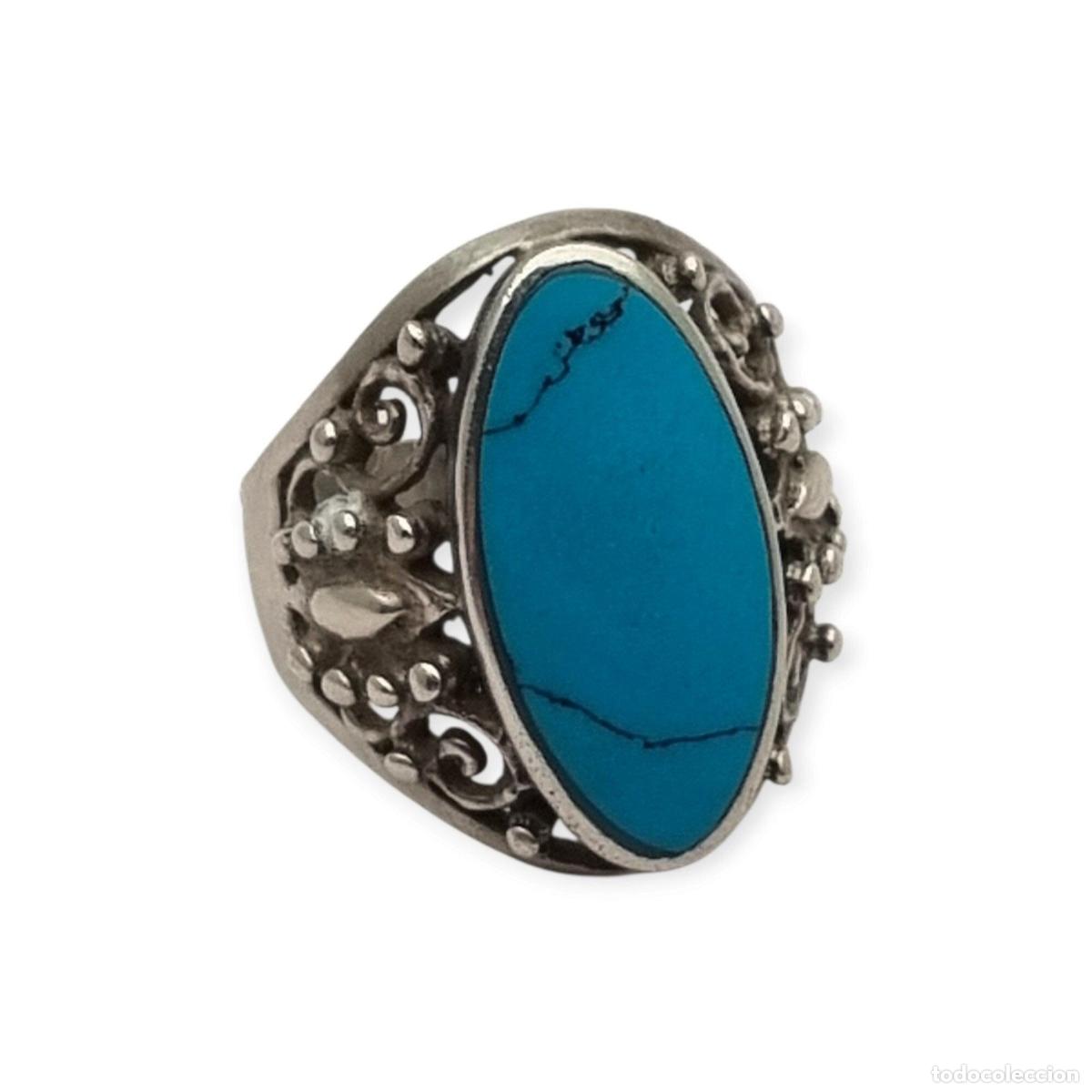 Joyeria: Anillo boho vintage en plata 925 con cabuj&oacute;n azul y filigrana ornamental, circa 1980&ndash;1990