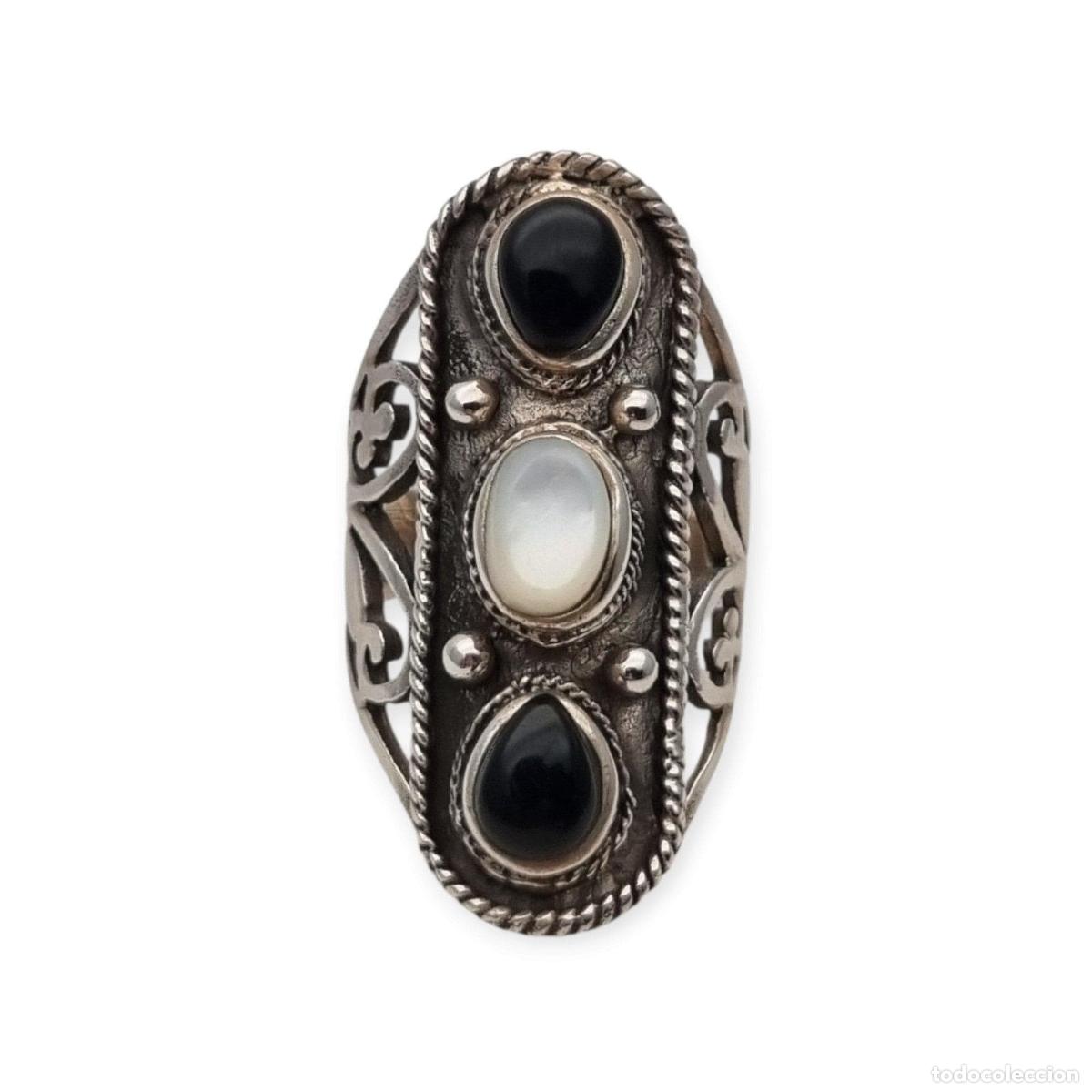 Joyeria: Anillo vintage espa&ntilde;ol de plata 925 estilo boho con &oacute;nix y n&aacute;car, a&ntilde;os 80