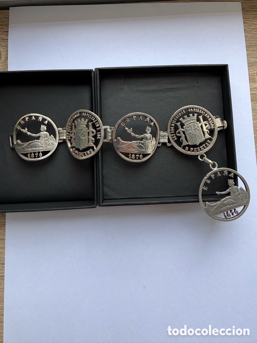 Joyeria: Pulsera Vintage Estilo Monedas Caladas 5 Pesetas 1870 de Plata de Ley (75g)