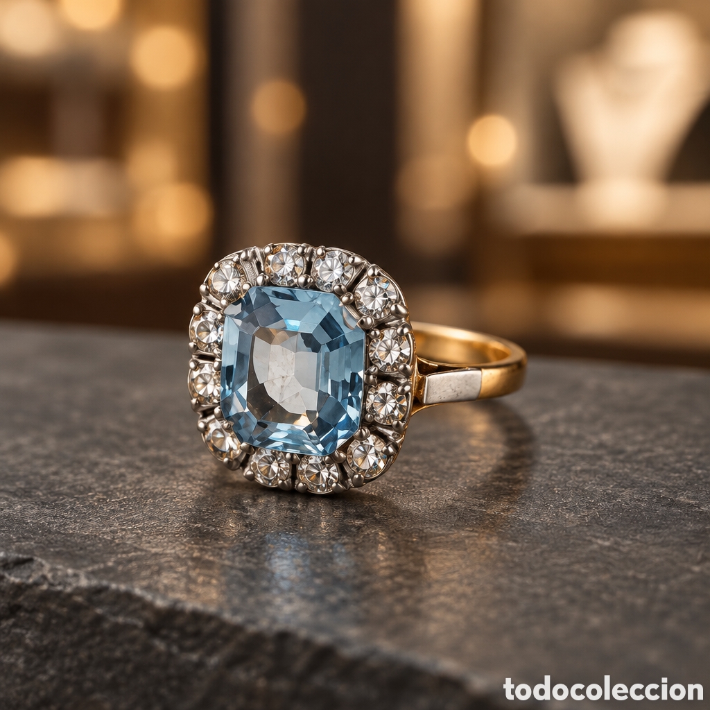 Joyeria: ESPECTACULAR ANILLO ANTIGUO ELABORADO EN ORO 18 QUILATES PIEDRA AGUA MARINA Y DIAMANTES JOYER&Iacute;A MONT