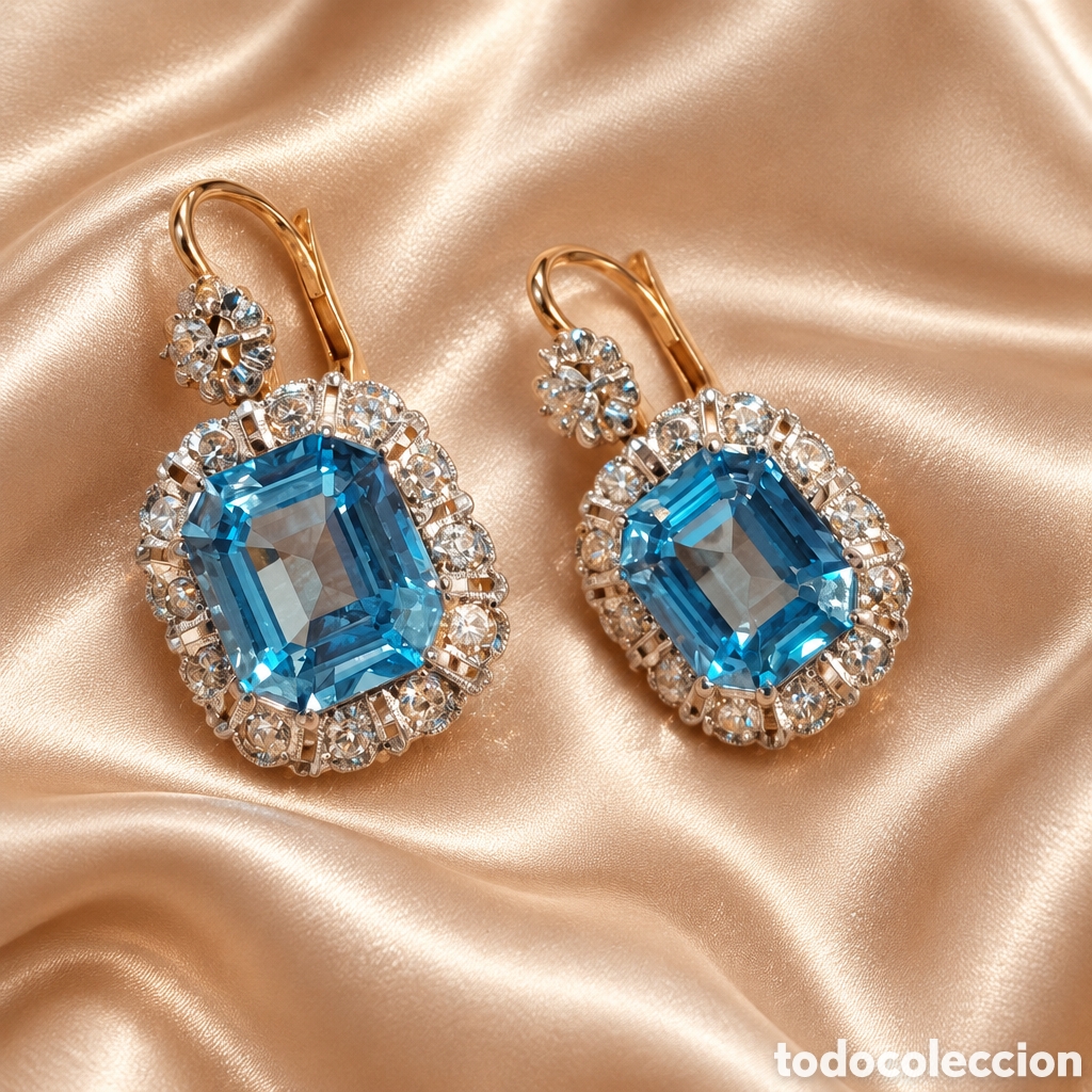 Joyeria: ESPECTACULARES PENDIENTES ANTIGUOS ELABORADO EN ORO 18 QUILATES PIEDRA AGUA MARINA Y DIAMANTES JOYER
