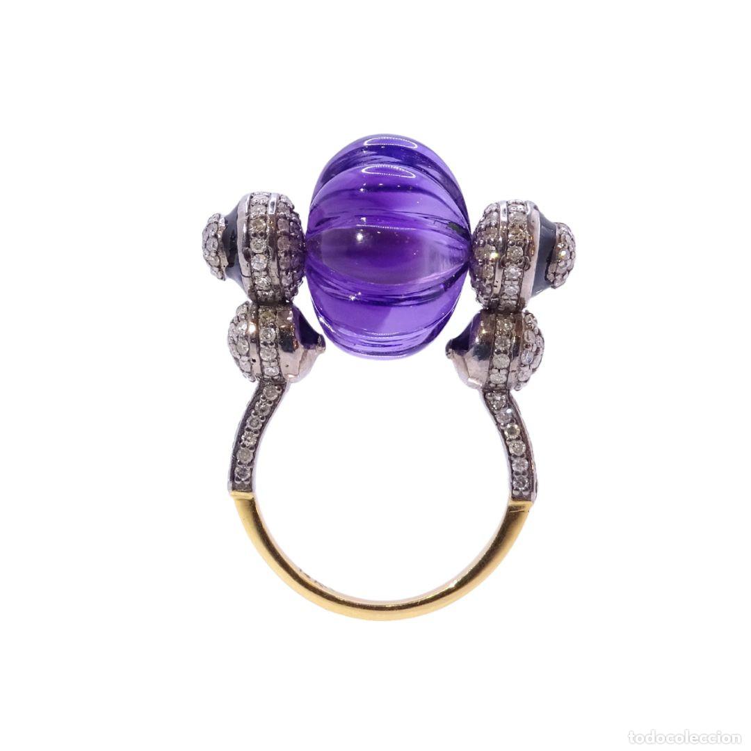 Joyeria: Sortija / Anillo con gran amatista gallonada, diamantes, oro 14k y esmalte, 50&rsquo;s