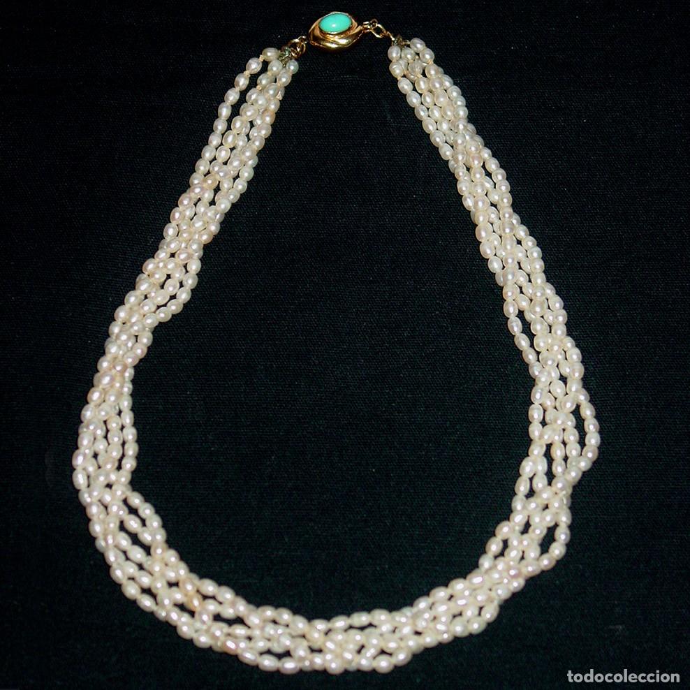 Joyeria: ANTIGUO COLLAR. 5 HILERAS DE PERLAS.. BROCHE DE ORO CON TURQUESA - Foto 1