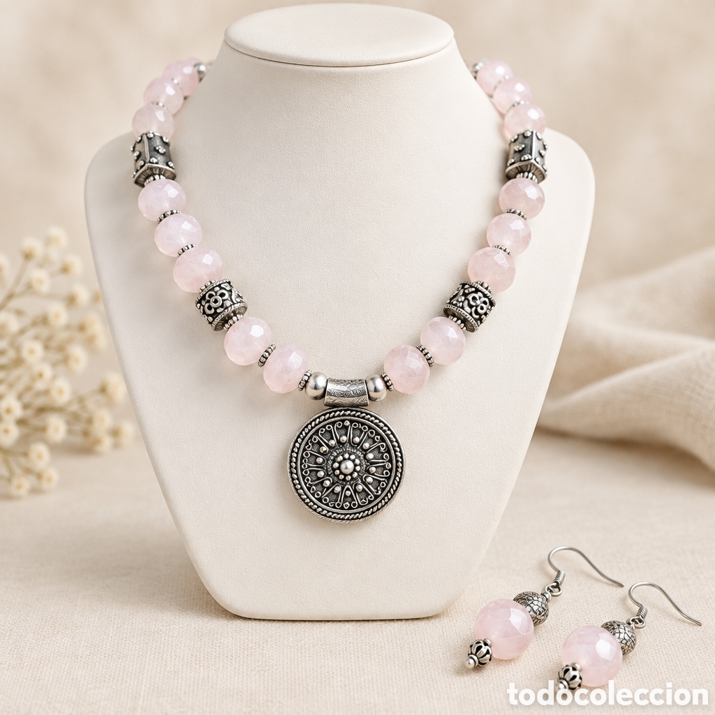 Joyeria: ELEGANTE CONJUNTO COLLAR Y PENDIENTES ELABORADOS EN PLATA Y PIEDRA CUARZO ROSA
