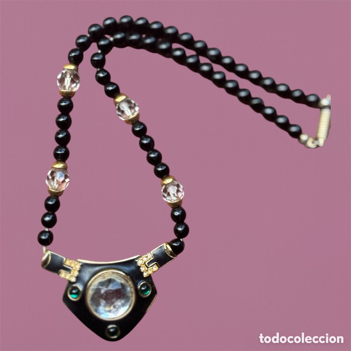 Joyeria: COLLAR VINTAGE ORENA PARIS DE ESMALTE NEGRO Y CRISTAL
