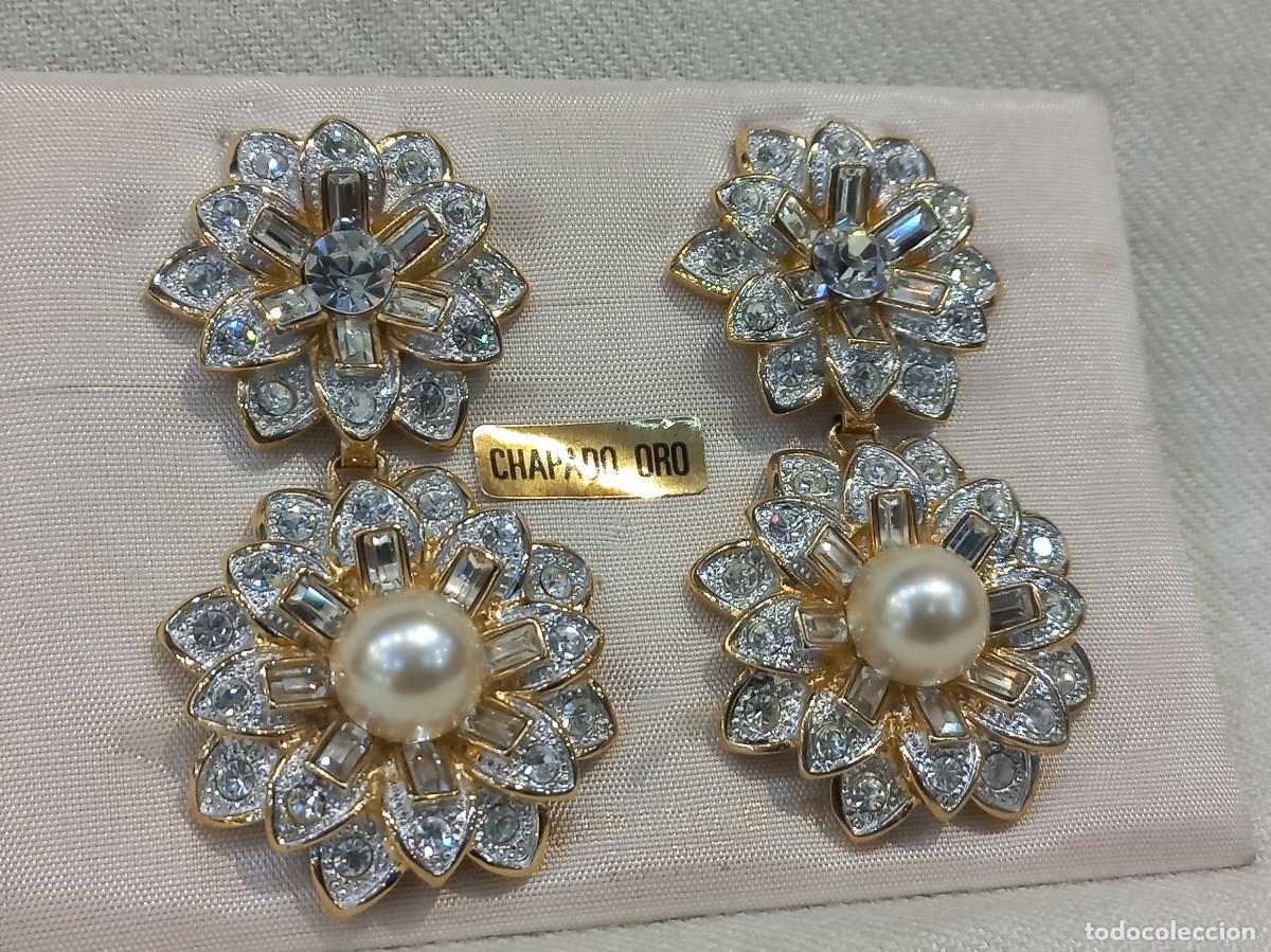 Joyeria: PENDIENTES &uml;ISABELINOS&uml; (largos) doble roset&oacute;n flor-repleto pedrer&iacute;a-perla (6,3cm)