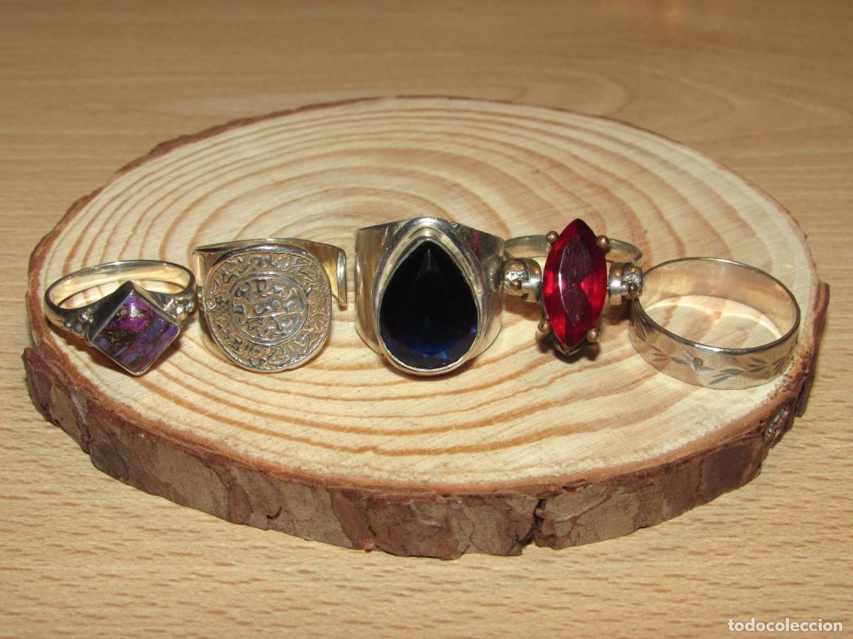 Joyeria: Lote 5 anillos sortijas plata sellos reversible l&aacute;grima azul piedra morada estilo moneda isl&aacute;mica