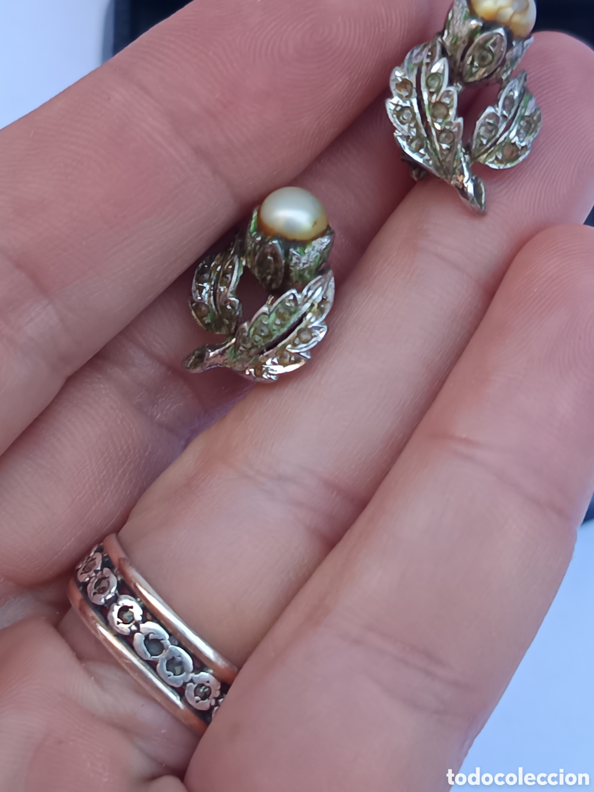 Gioielleria: Antiguos pendientes de plata de Ley contraste estrella con marquesitas y perla