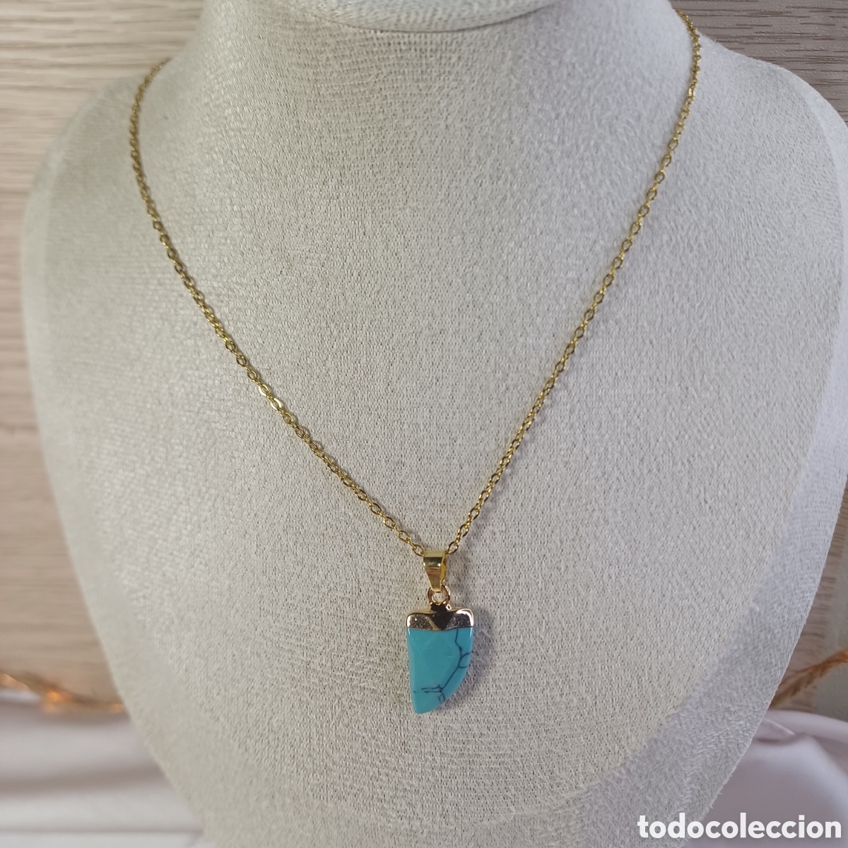 Joyeria: Collar Con Colgante Turquesa Colmillo Chapado Oro 18 k