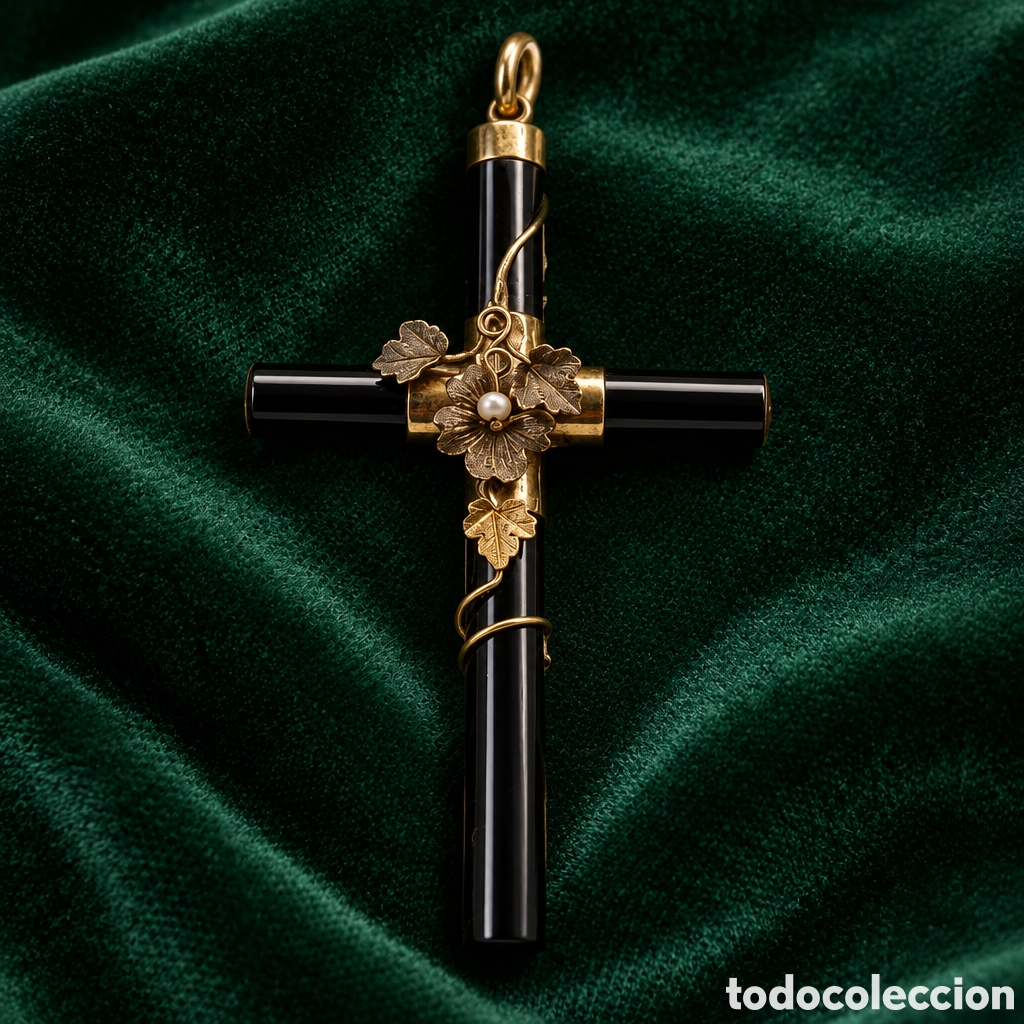 Joyeria: ELEGANTE CRUZ ISABELINA REALIZADA EN ORO DE 14 KILATES Y ONIX . 7,5 &times; 4 cm