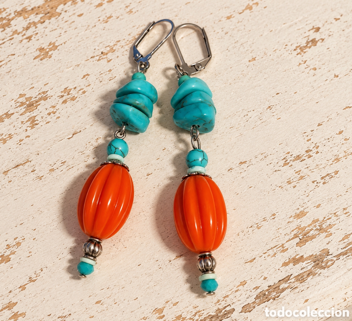 Joyeria: Pendientes vintage turquesa y naranja calabaza largos chandelier