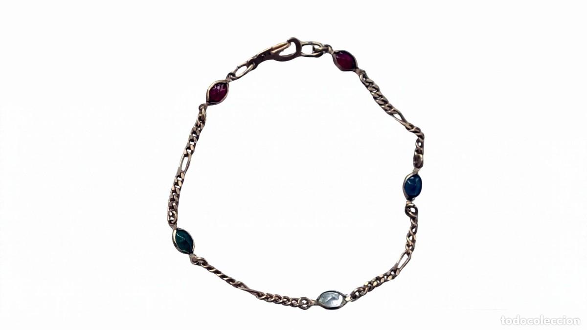 Joyeria: PULSERA VINTAGE DE CADENA FINA TIPO F&Iacute;GARO - METAL BA&Ntilde;ADO EN ORO - 5 CRISTALES FACETADOS DE COLORES