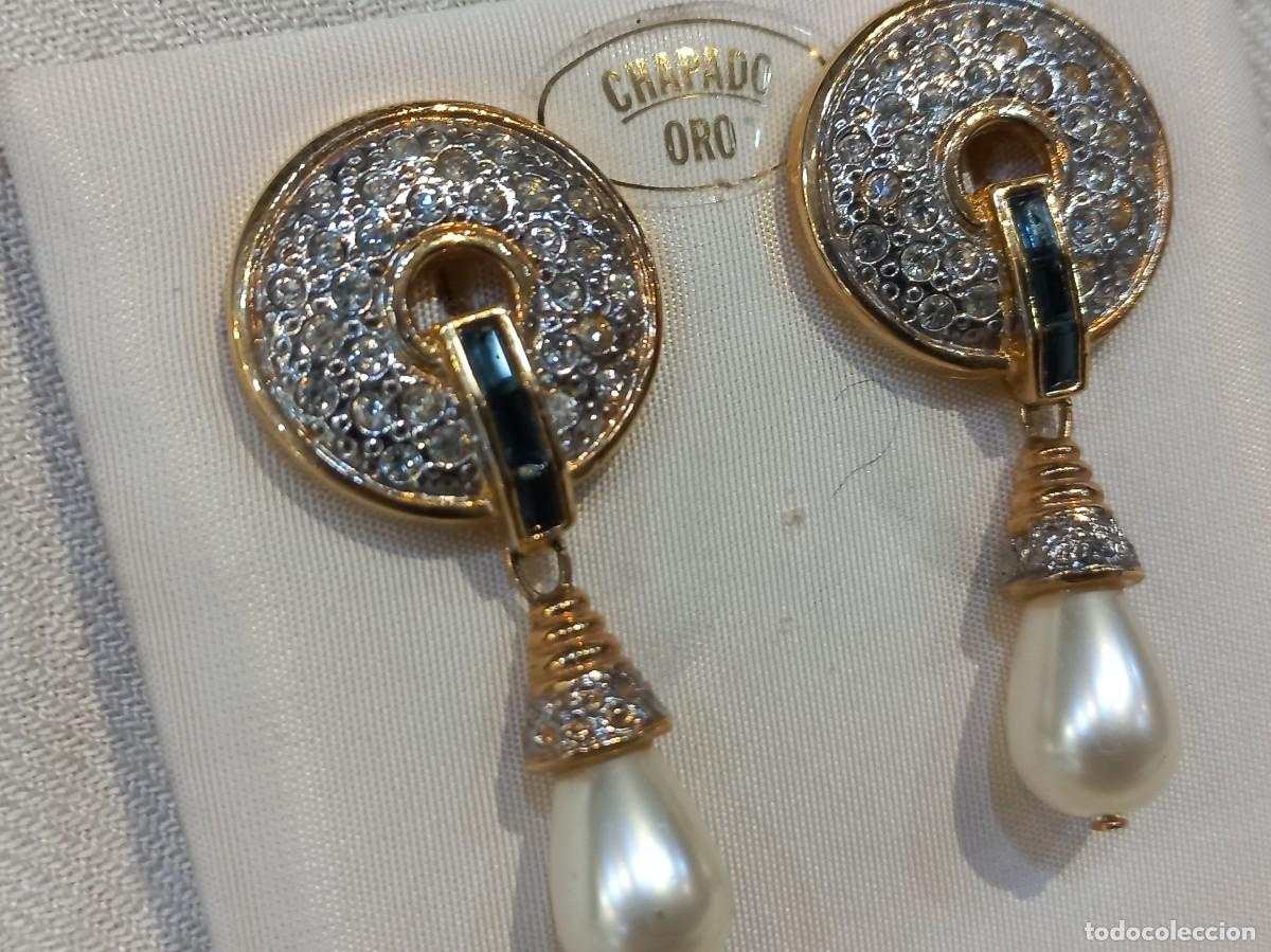 Joyeria: PENDIENTES (largos-chapados) plaf&oacute;n arete pedrer&iacute;a-barra azul y perl&oacute;n l&aacute;grima colgante