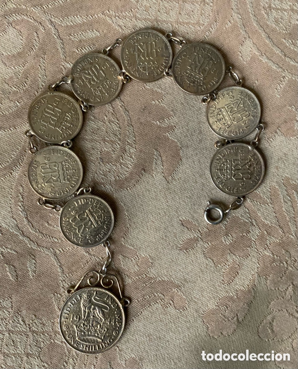 Joyeria: ANTIGUA PULSERA DE MONEDAS INGLESAS PENIQUES Y CHEL&Iacute;N 1944