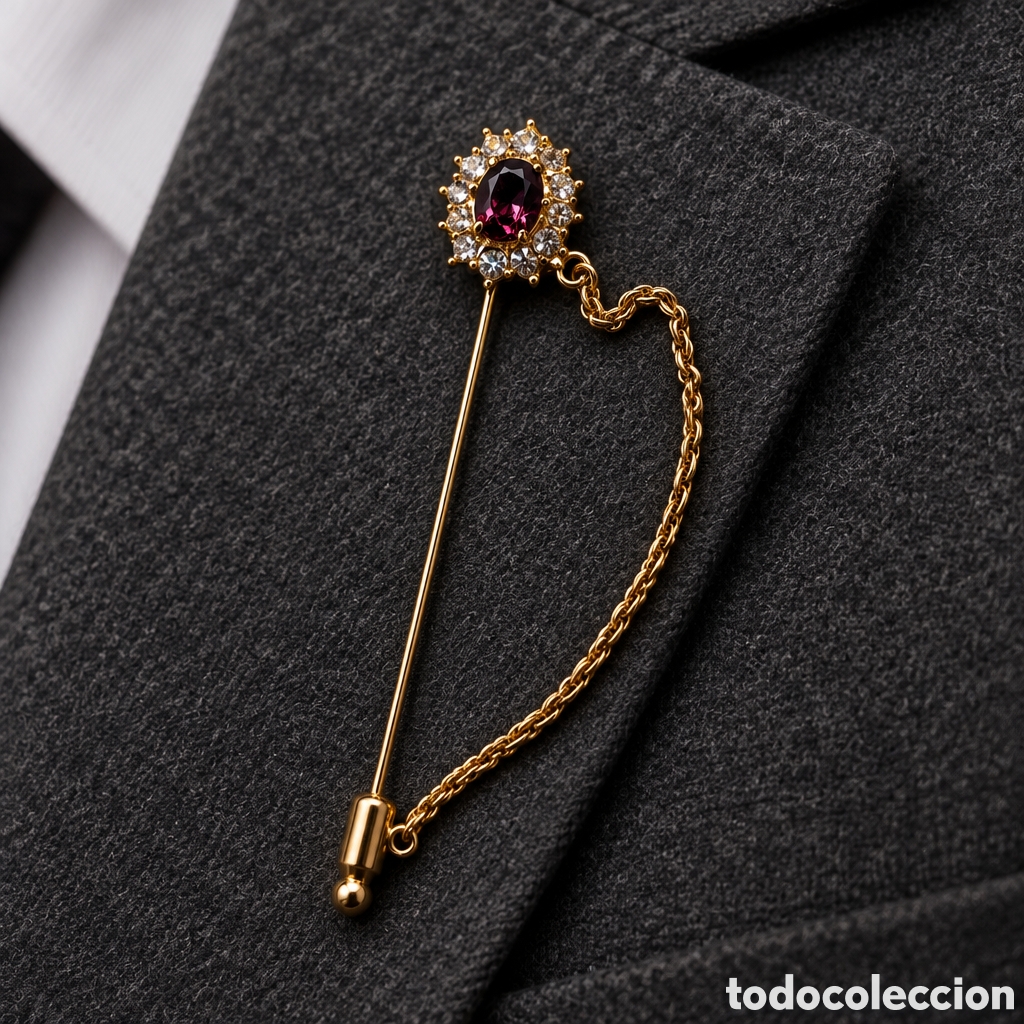 Joyeria: Elegante alfiler de solapa o broche de tipo &rdquo;stick pin&rdquo; ba&ntilde;ado en oro una piedra central de cristal