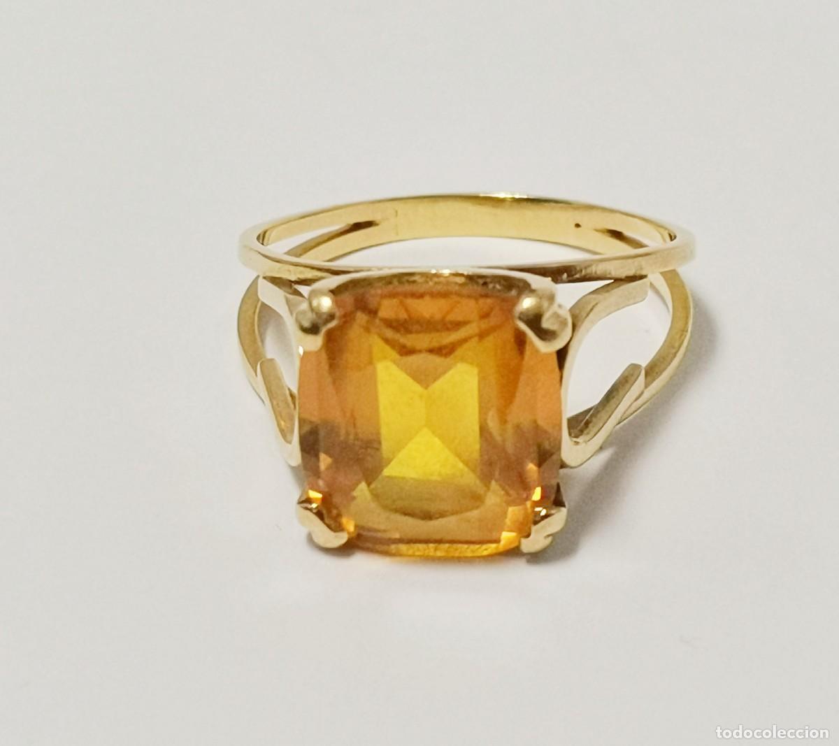 Joyeria: Gran Solitario de C&oacute;ctel en Oro Amarillo de 18k con Cuarzo Citrino Dorado &ndash; Talla 21 (61) &ndash;5.6 gr