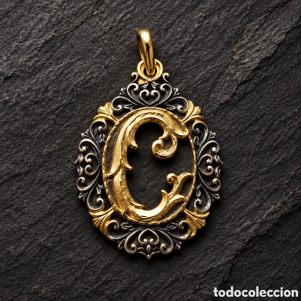Joyeria: Colgante antiguo de estilo victoriano con la letra inicial &laquo;C&raquo; en relieve elaborado en plata y oro